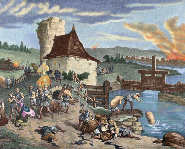 German Peasants' War (1524-1525). Fires and looting by the German reformer, Thomas Muntzer (1491-1525) and his people during the rebellion. Colored engraving. 19th century.