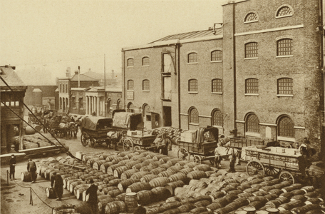 Barrels of molasses at West India Docks (b/w photo)