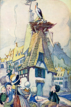 The Storks, illustration from The Golden Wonder Book published 1934.  In the street below a number of children were playing together. They began to shout and mock the Storks.