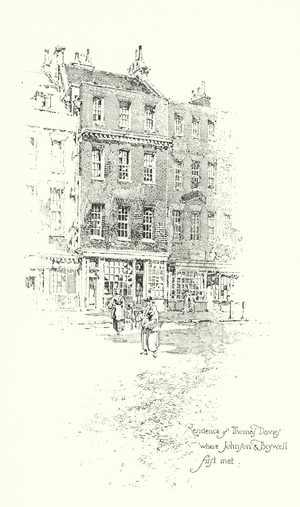Residence of Thomas Davies, London, where Dr Johnson and James Boswell first met (litho)