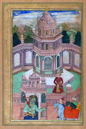 India / Iran / Pakistan: Sassanid Prince Bahram Gur in the Sandalwood Pavilion. Lahore, late 16th century