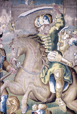 Flanders tapestry. Battle of Jerusalem, 538 BC. 17th cent. tapestry. Persian horseman