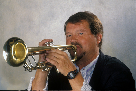 Oslo 19900815 Musician Finn Eriksen, photo in action with trumpet …, 1990 (photo)