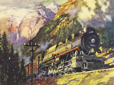 Canada, Canadian Pacific Railway, 2-10-4 Multi-pressure Locomotive hauling The Dominion Trans-Continental Train through the Rocky Mountains (colour litho)