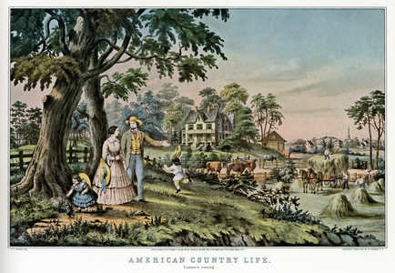 American country life, summers evening, in 1855, engraving by Currier