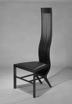 "Monroe" Side Chair, c. 1983 (birch wood, imitation black leather)