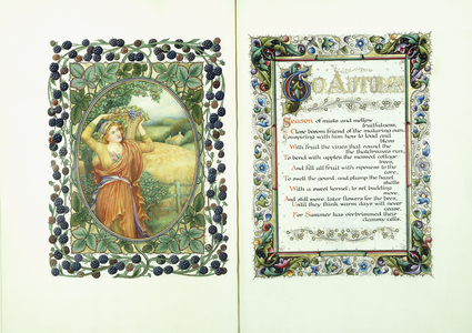 Woman with the harvest basket (verso) and illuminated manuscript with verses from 'To Autumn' (recto), and decorative borders, 1912-1914 (paint, ink and gold-leaf on vellum)