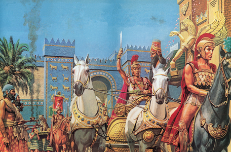 Alexander The Great, borne in his chariot, riding in triumph into Babylon (colour litho)