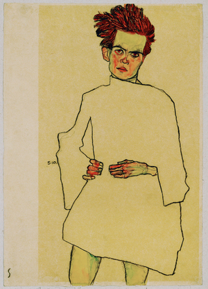 Selfportrait with shirt (gouache, watercolour and black crayon)