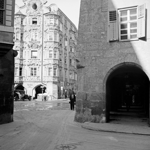 Art nouveau building at the city of Innsbruck in Austria, Germany 1930s (b/w photo)