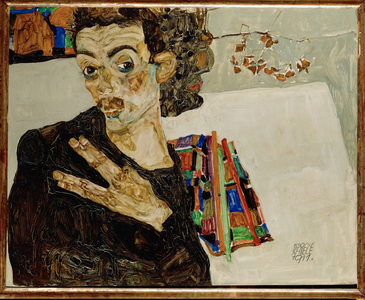Self-portrait with spread fingers, 1911 (oil on wood)