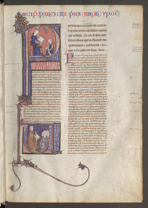 Full page: text and initial P: Constantinus Africanus of Montecassino and Gauco, his student, c.1300-1300 (tempera painting)