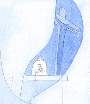 After the wine was consecrated, I saw the chalice which now held the Precious Blood; I saw the 'veil' parting, and Christ on His cross offering His Sacrifice, 2002 (w/c on paper)