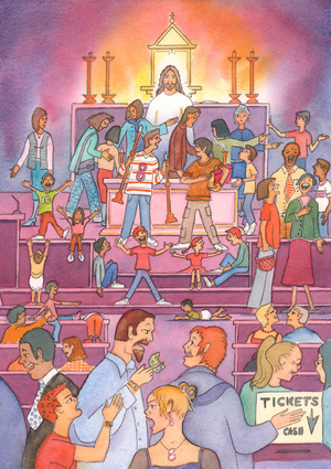 From the tabernacle, Christ looks on in sadness, as He sees His holy 'house of prayer' treated as a market-place, 2002 (w/c on paper)