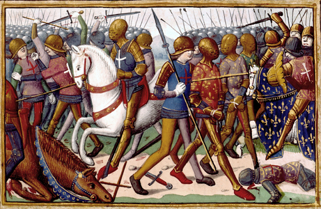 Battle of Agincourt on october 25, 1415 : duke of Orleans, duke of Bourbon, marshal Boucicaut and supreme commander of the French armies Richemont are prisoners, illumination from "Vigiles de Charles VII" by Martial d'Auvergne, 1484