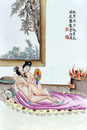 China: chun hua erotic 'Spring Picture', Qing Dynasty, painting on porcelain, Canton (Guangzhou), late 19th century