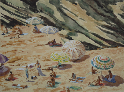 Beach, rocks and parasols, 1996 (w/c)