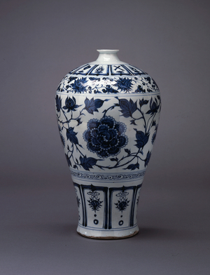 Prunus Vase (Meiping) with Design of Peony and Lotus Scrolls, early 14th century (porcelain with underglaze blue)