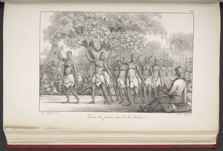 Dance of the women of the Sandwich Isles, from Voyage pittoresque autour du monde, avec des portraits de sauvages d'Amérique, d'Asie, d'Afrique, et des îles du grand Océan; des paysages, des vues maritimes, et plusieurs objets d'histoire naturelle; accompagné de descriptions par M. le baron Cuvier, et M. A. de Chamisso, et d'observations sur les crânes humains par M. le docteur Gall.Franquelin, Jean Augustin, d'apres Louis Choris, 1822 (engraving)