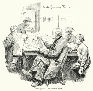 In the reading room, waiting for the illustrated papers (engraving)