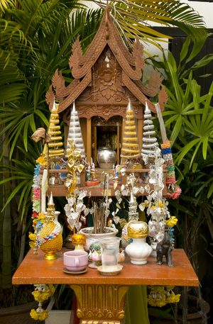 Thailand: Spirit house with silver adornments outside a silver shop, Wualai Road, Chiang Mai, northern Thailand