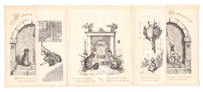 A Victorian monochrome Christmas card of dogs and cats, c.1880 (monochrome)