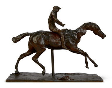 Horse galloping on the right lead, the left hind leg alone touching the ground & Jockey mounted on the horse, 1865/81-after 1919 (bronze)
