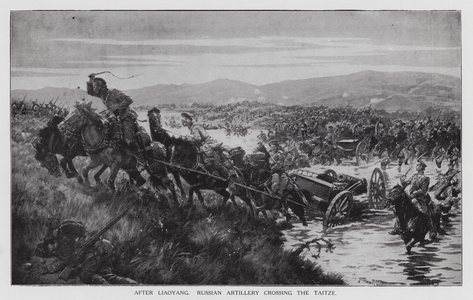 Russian artillery retreating across the River Taitzu after the Battle of Liaoyang, Russo-Japanese War, 1904 (litho)