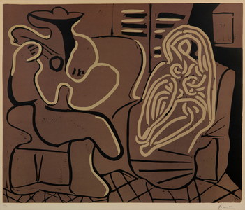Femme Dans Un Fauteuil Et Guitariste (Woman in a Chair and Guitarist), (B. 917; Ba. 1232), 1959 (linocut on Arches paper)