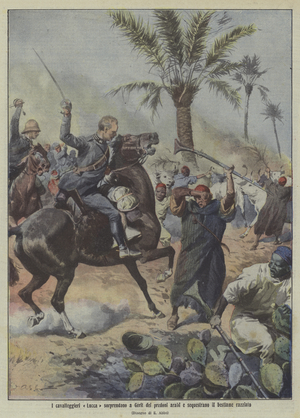Italian cavalry attacking Arab cattle raiders and recovering stolen animals (colour litho)
