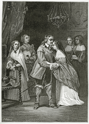 Cromwell and his daughters, 19th Century (b/w engraving)