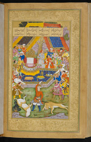Bahram Gur putting the crown on his head having killed the two lions to gain it.