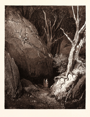 Dante and His Guide, by Gustave Doré, 1832 - 1883, French. Engraving for the Inferno by Dante. Wood Engraving by Boetzal after Dore, with Both Signatures in the Print, 1870, Romanticism, Colour, Color Engraving