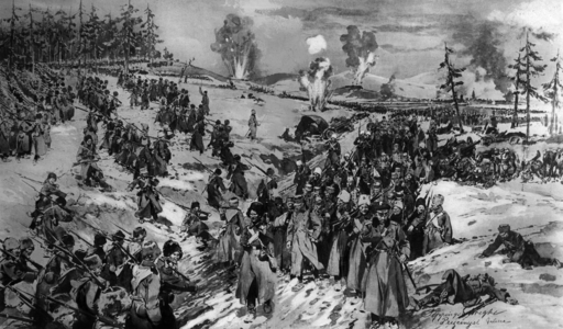 The fall of Przemysl (Poland) taken by russians while it was occupied by austrians in march 1915 : here austrian prisoners, watercolor