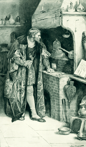 James IV as an alchemist in his laboratory (litho)