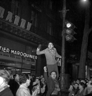 Communist Demonstration in Paris on February 15, 1951 : Members of The National Federation of Interned, Resistants, Victims of Deportation Demonstrating Against Visit in Paris of German Delegates To Attend A Conference About Constitution of An European Army (b/w photo)