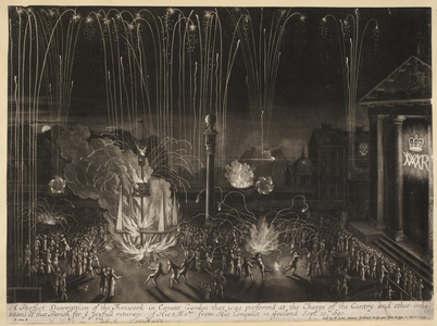 A night scene in Covent Garden with St Paul's on the right, a column in the centre and fireworks everywhere