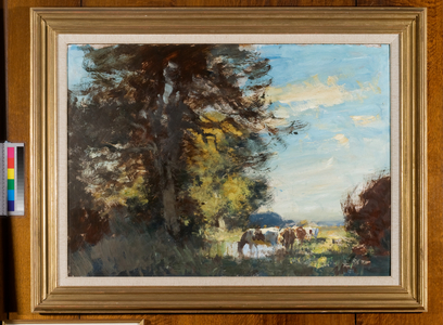 A wooded river landscape with cattle drinking (oil on panel)