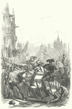 Charles the Bold, Duke of Burgundy, confronted by a riot on his entry into Ghent, 1467 (engraving)