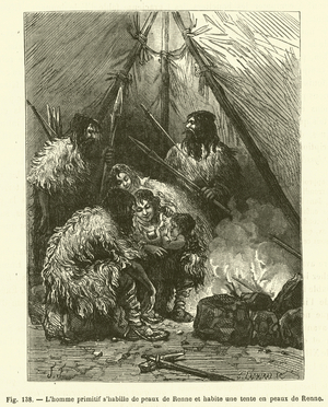 L'homme primitif s'habille de peaux de Renne et habite une tente en peaux de Renne (engraving)