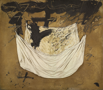 Ochre and Black with Pasted on Cloth, 1972 (oil, sand, gessoed cloth on panel)