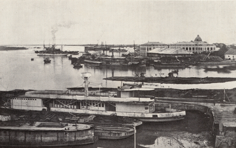 Port at Haiphong, Vietnam (b/w photo)