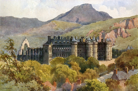 Holyrood Palace: Arthur's Seat in the Background (colour litho)