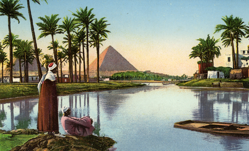 Two Men with the Great Pyramids of Egypt in the Background, c.1900 (tinted photograph)