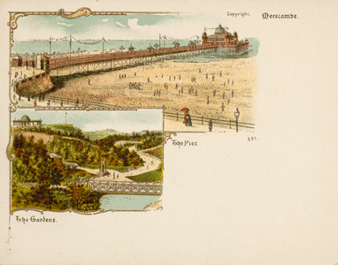 The pier and gardens at Morecombe, Lancashire (chromolitho)