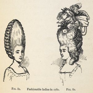 'Fashionable ladies in 1780'. Two illustrations showing hairstyles of the late 18th century.