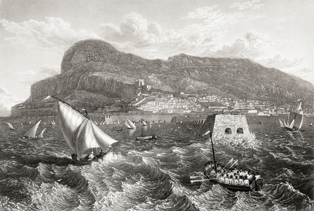 Gibraltar from the Anchorage in front of the Old Mole. From the original painting by Lt. Col. Batty F.R.S., from the book Select Views of some of the Principal Cities of Europe published London 1832. Engraved by W.R.Smith.