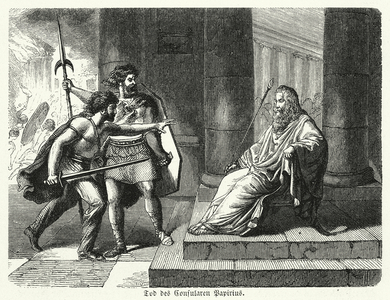 Death of Roman Consul Marcus Papirius in the sack of Rome by the Gauls (engraving)