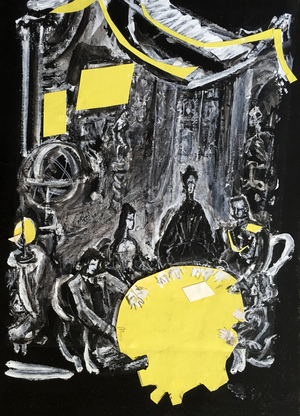Figures gathered round a card table (gouache, mixed media on paper)