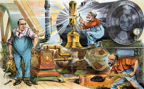 President McKinley holding an oil can labelled 'Patronage', 1897